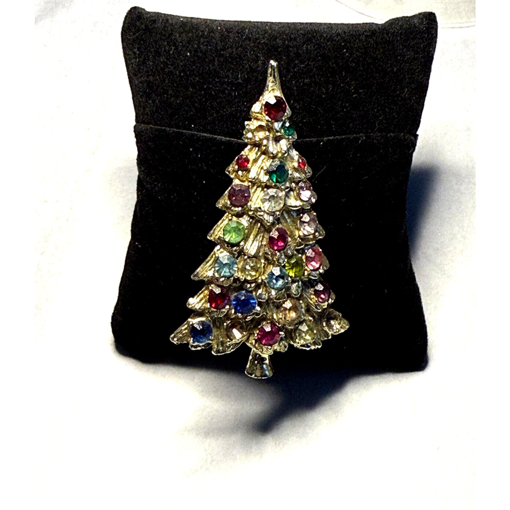 Vintage Christmas Tree Brooch Pin Multi Color Rhinestone Retro Unsigned MCM
